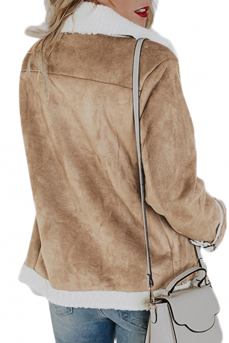 Khaki Faux Suede Jacket with Zipper Pockets