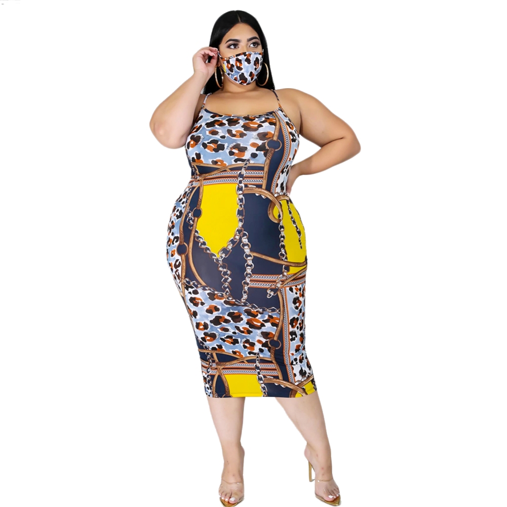 Plus Size Chains Print Strap Midi Dress