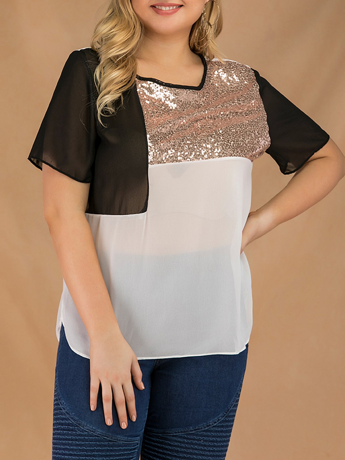 Plus Size Women Short Sleeve Round Neck Sequins Patchwork Loose Casual Tops