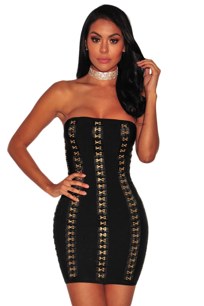 Black Gold Hook & Eye Strapless Bandage Dress