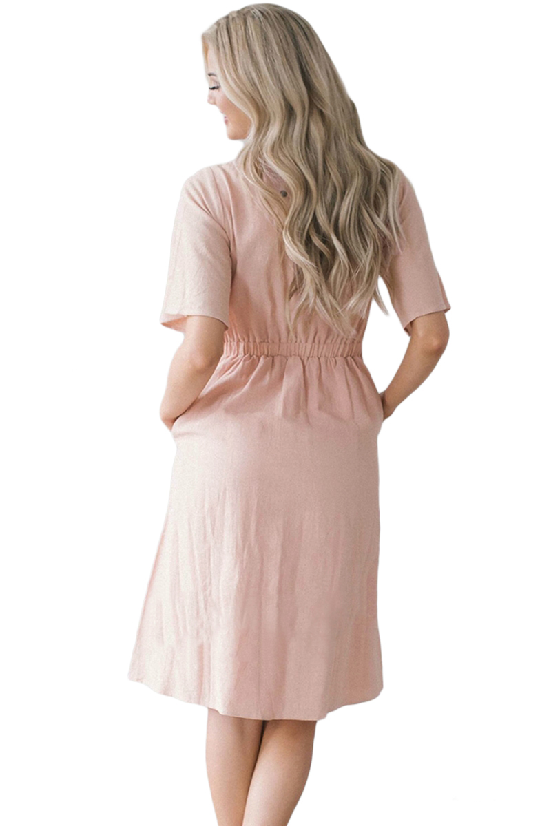 Pink Asymmetrical Button Up Front Midi Dress (缺货预定)