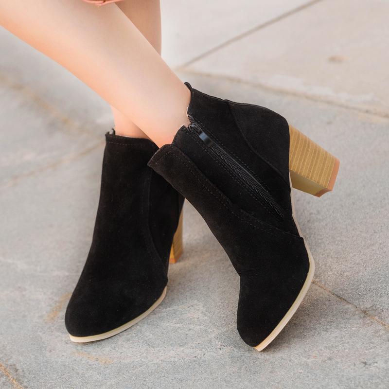 Round Toe Black Women's Ankle Slip-On Suede Boots