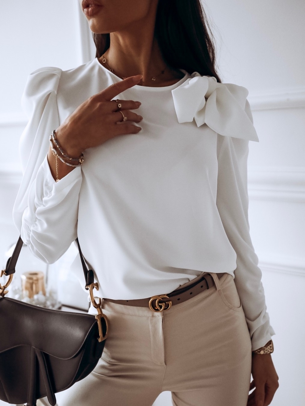 Solid Color Round Neck Shirt with Ruch Sleeves