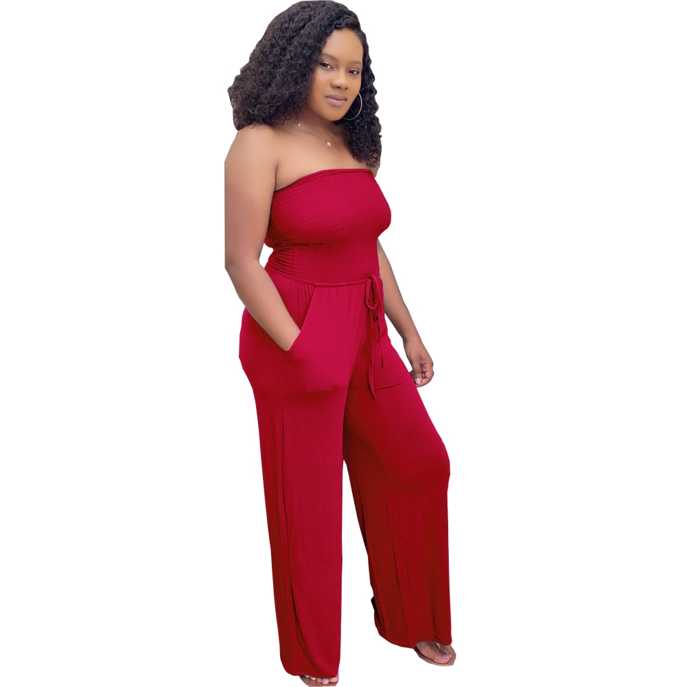 Solid Color Sexy Strapless Loose Jumpsuit