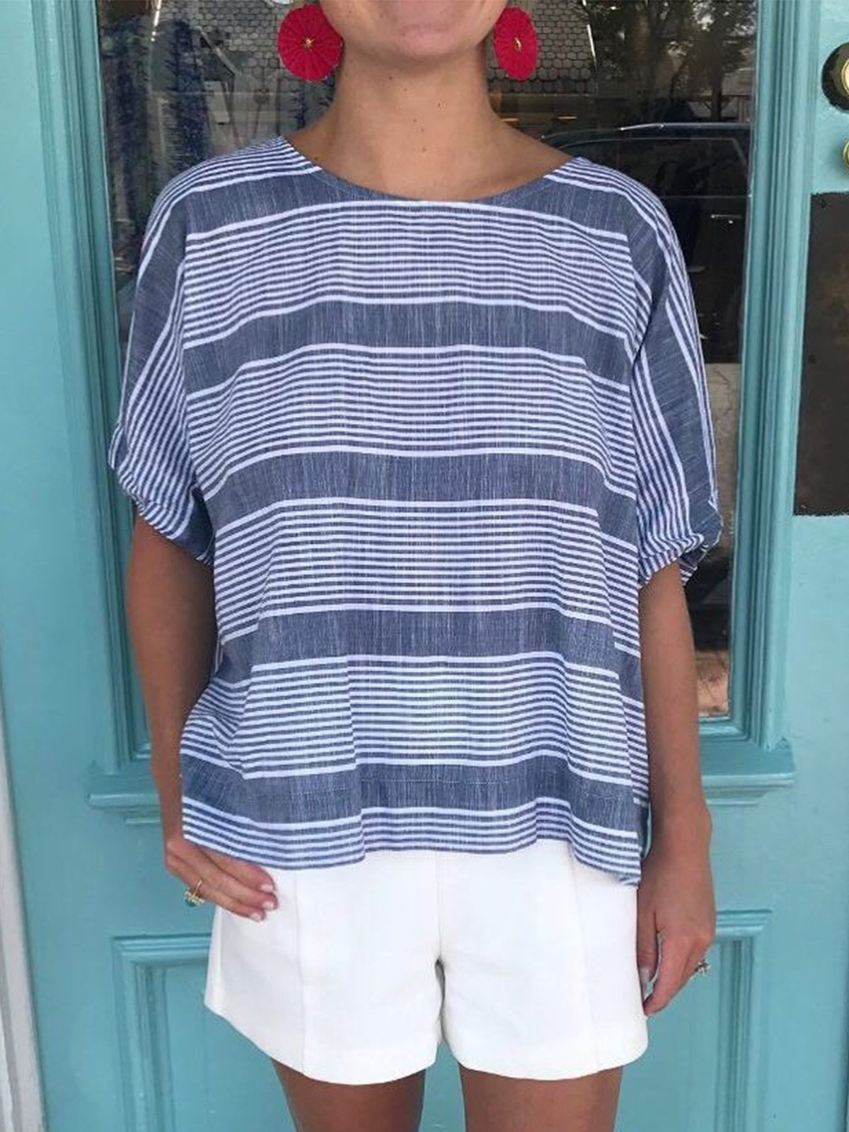 Casual Striped Short Sleeve Round Neck Tops