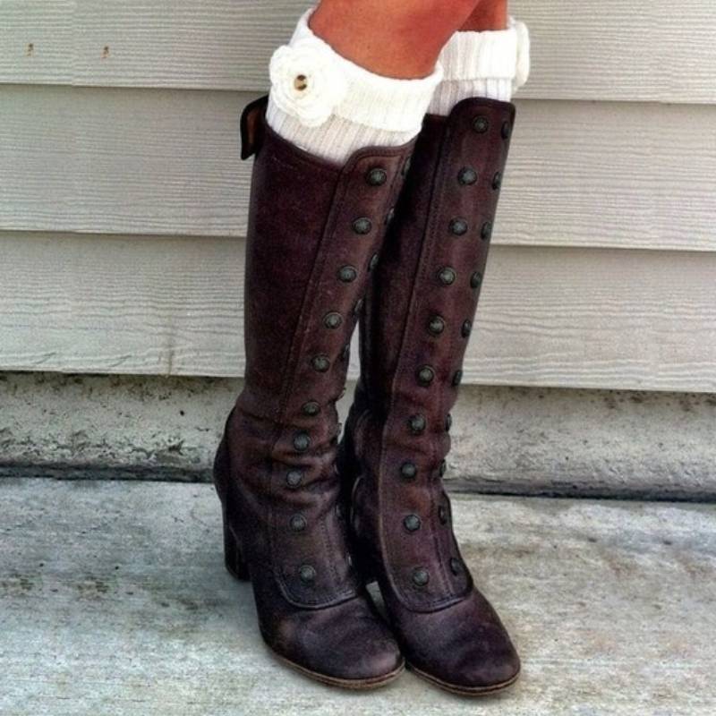 Women Vintage Double-Breasted Mid-Calf Boots