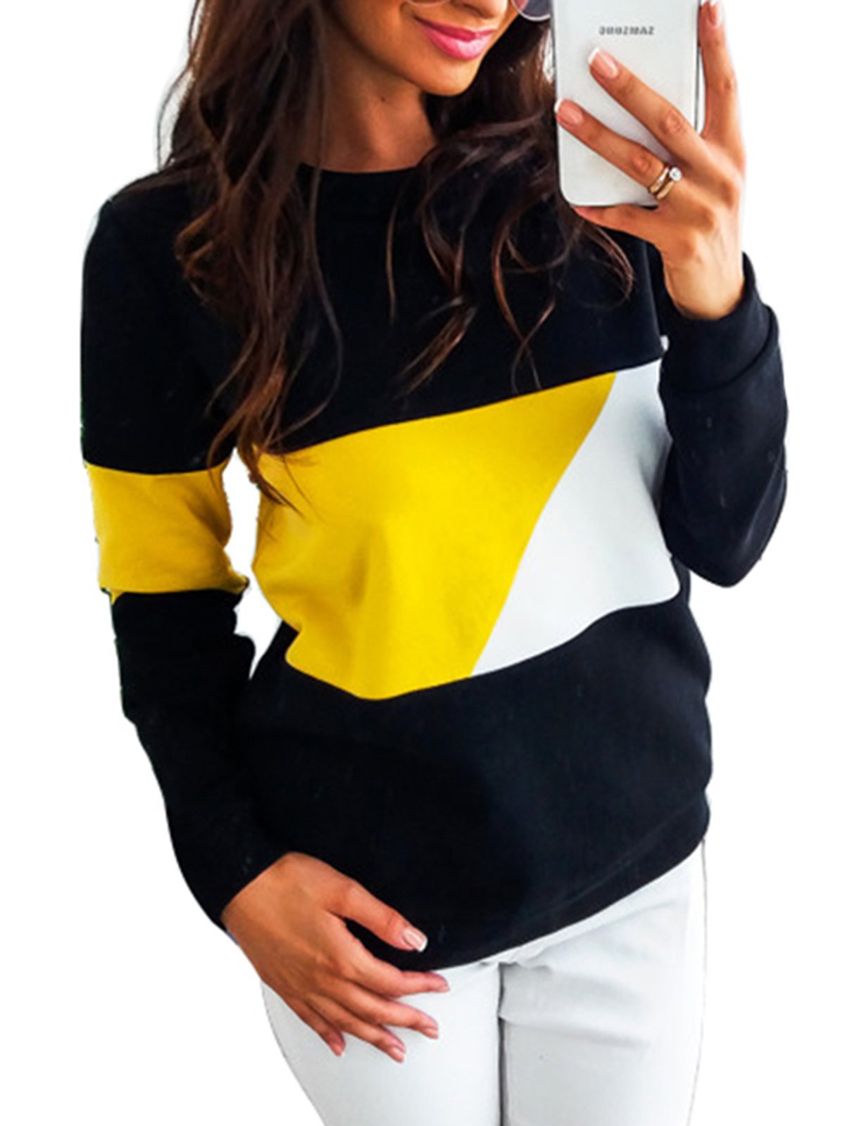 Casual Polyester Color-block Solid Sweatshirt