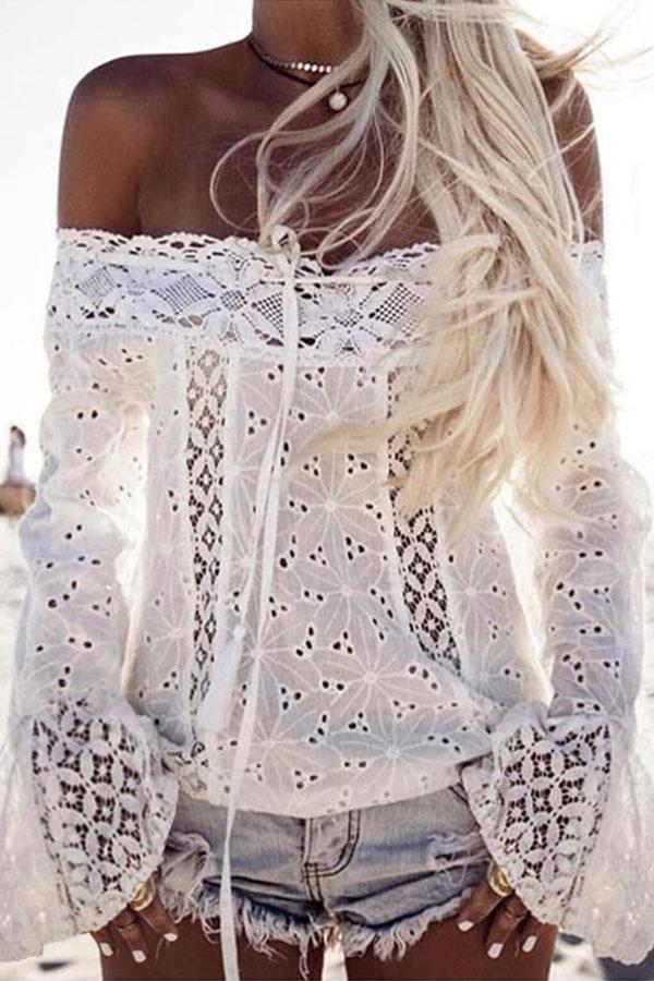 Off Shoulder  Backless Drawstring  Hollow Out Plain Blouses