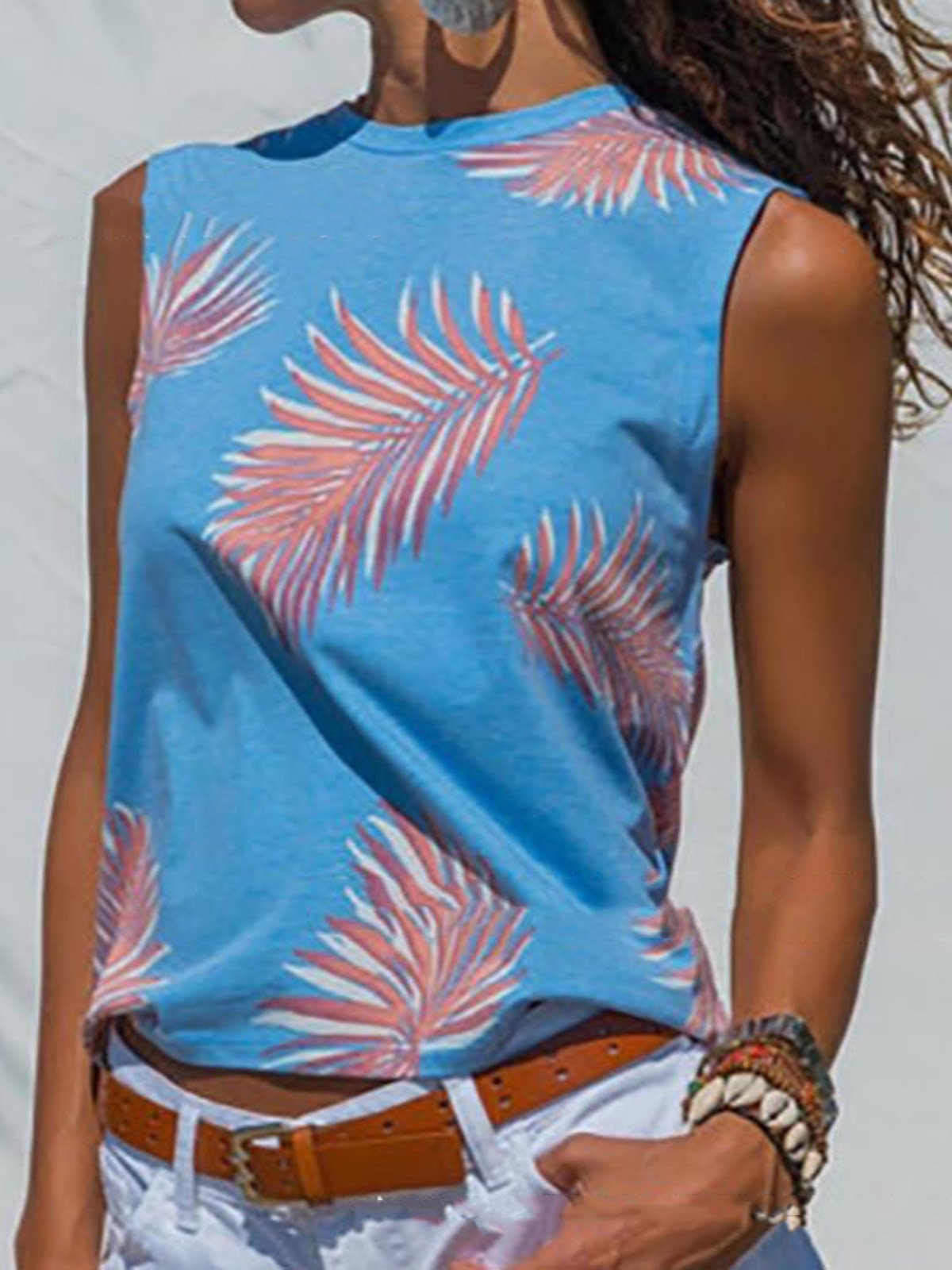 Summer Tops Leaf Print Sleeveless Crew Neck Casual Tanks