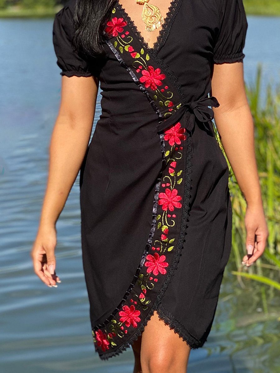 Casual Short Sleeve V Neck Polyester Cotton Dresses