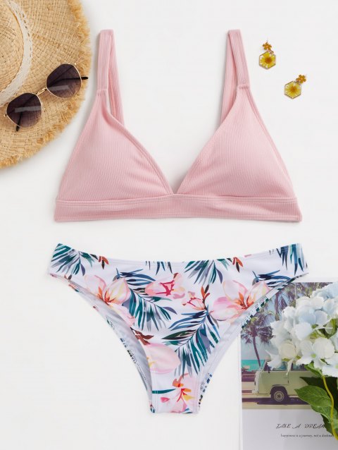 Ribbed Top Floral Printed Brief Bikini