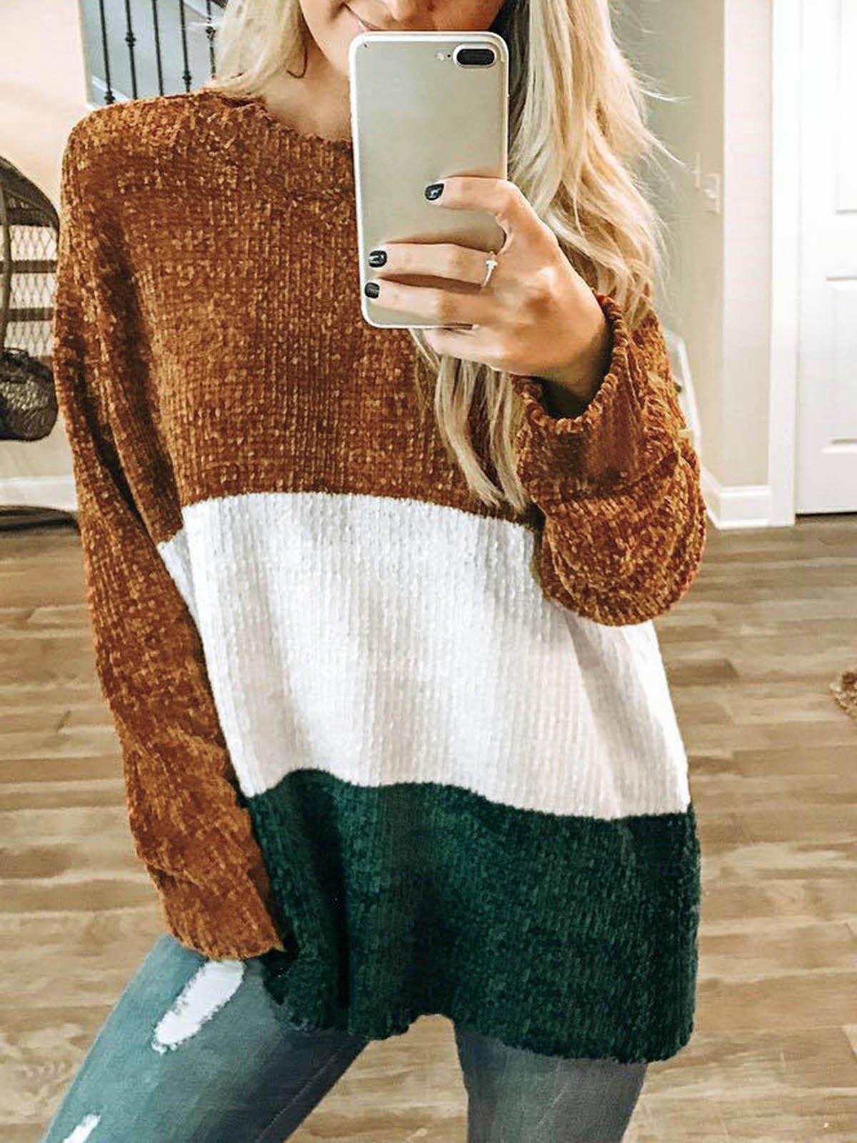 Brown Simple & Basic Fall&Winter Color-Block Knit Wear Sweaters