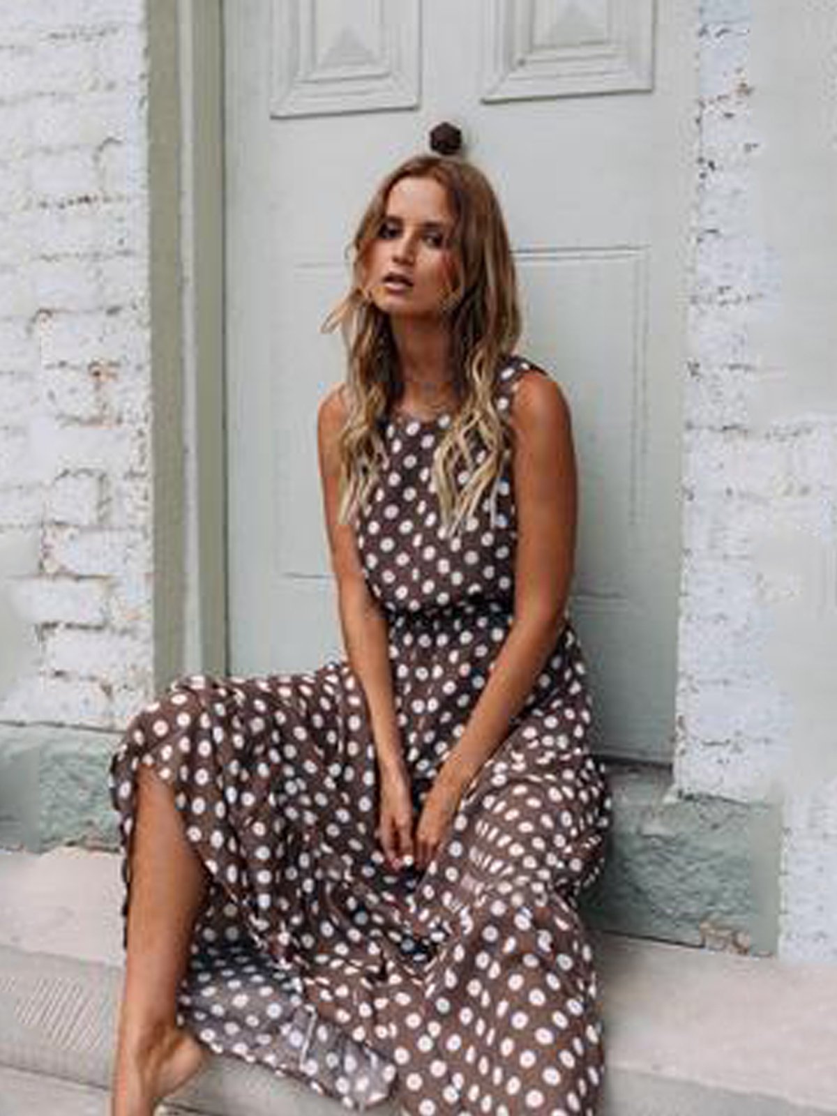 Coffee Polka Dots Round Neck Casual Maxi Dresses