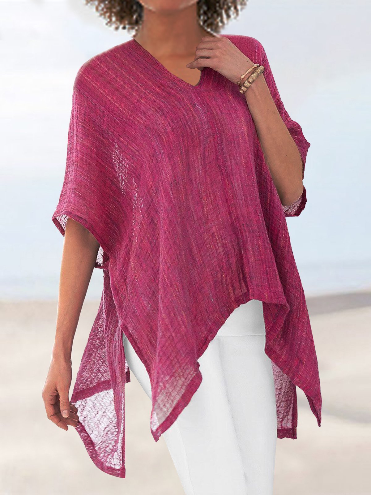 3/4 Sleeve Cotton-Blend Holiday V Neck Shirts & Tops