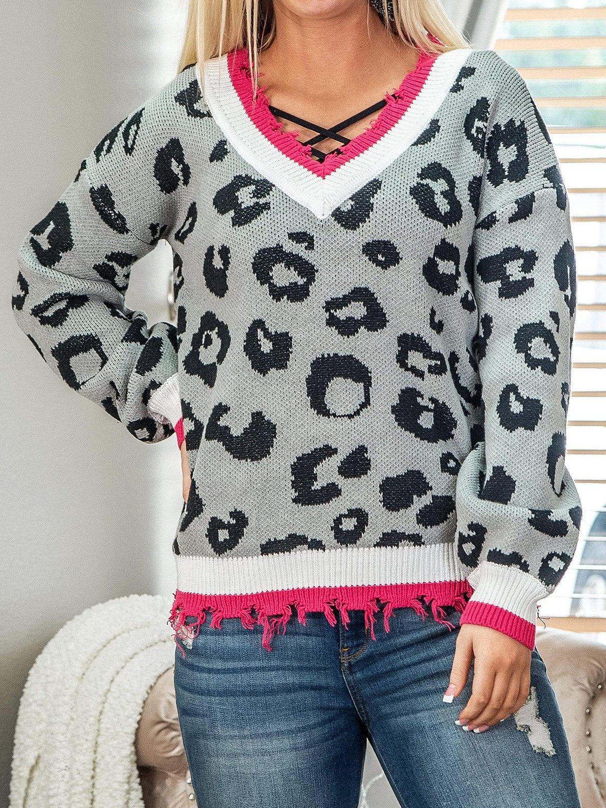 Leopard V Neck Boho Long Sleeve Shirts & Tops