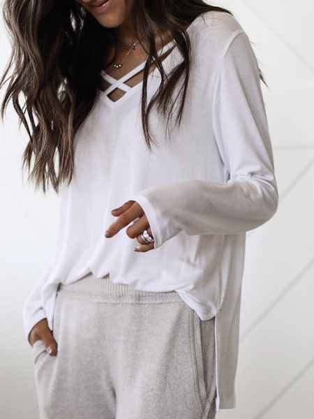 White V Neck Cotton Long Sleeve Shirts & Tops