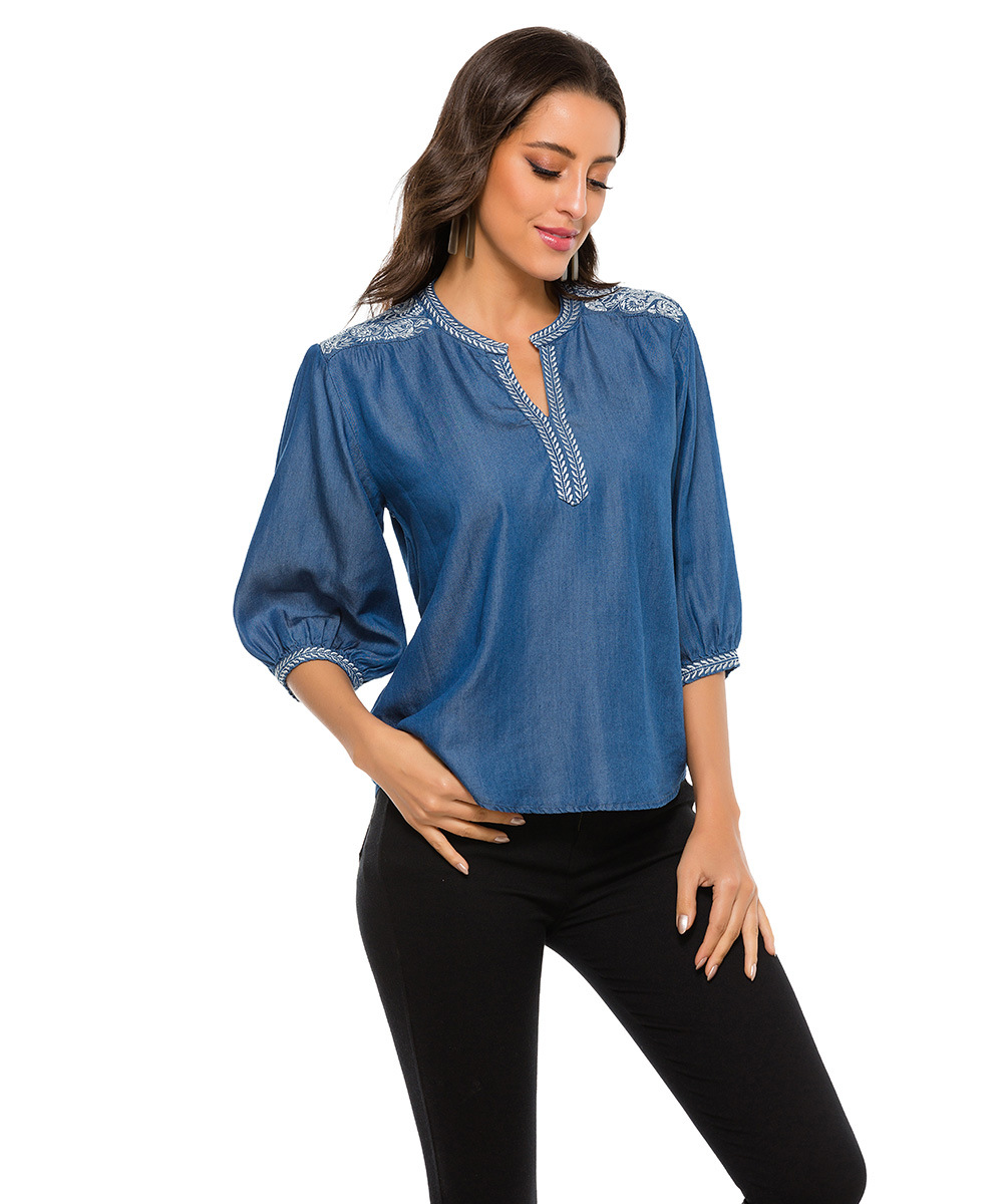 Women's Long Sleeve Denim Embroidery Blouse Boho Style