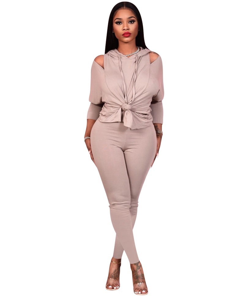 Autumn Solid Plain Cut Out Hoody Shirt and Pants Set