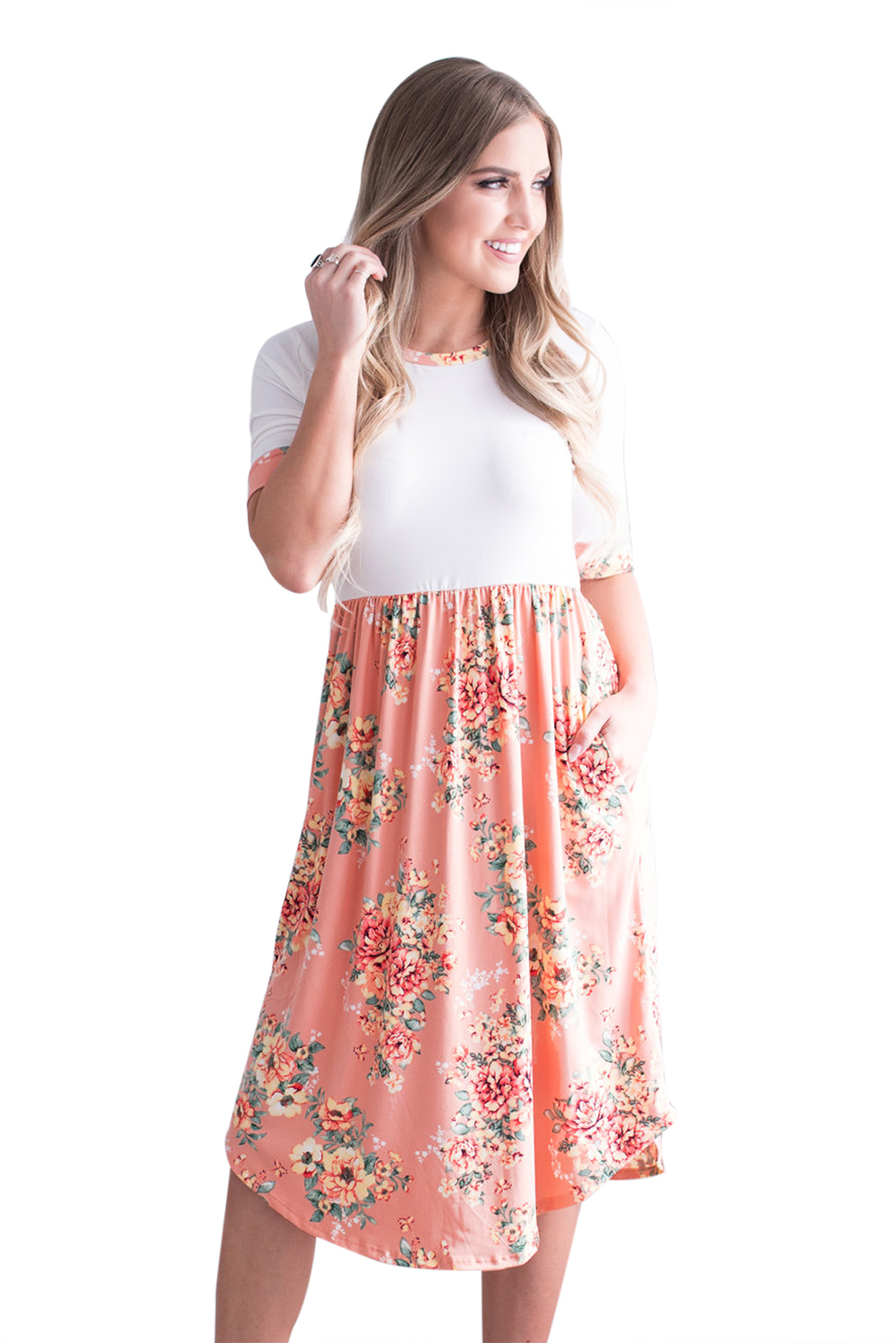 Peach Floral Skirt & T-shirt Midi Dress