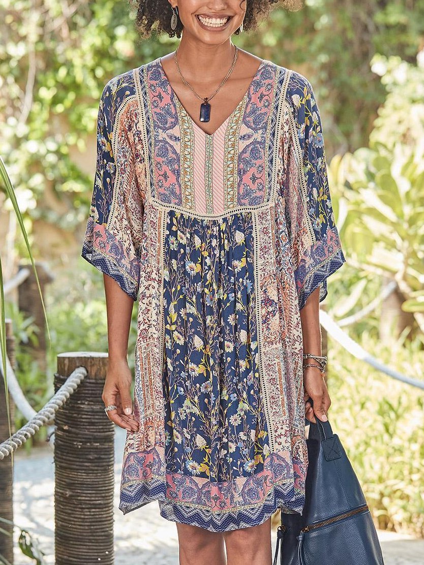 Half Sleeve Casual Cotton-Blend V Neck Dresses