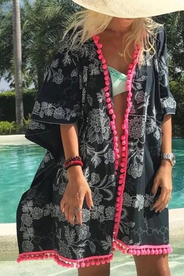 Bohemian Print Stitching Bat Sleeve Cardigan