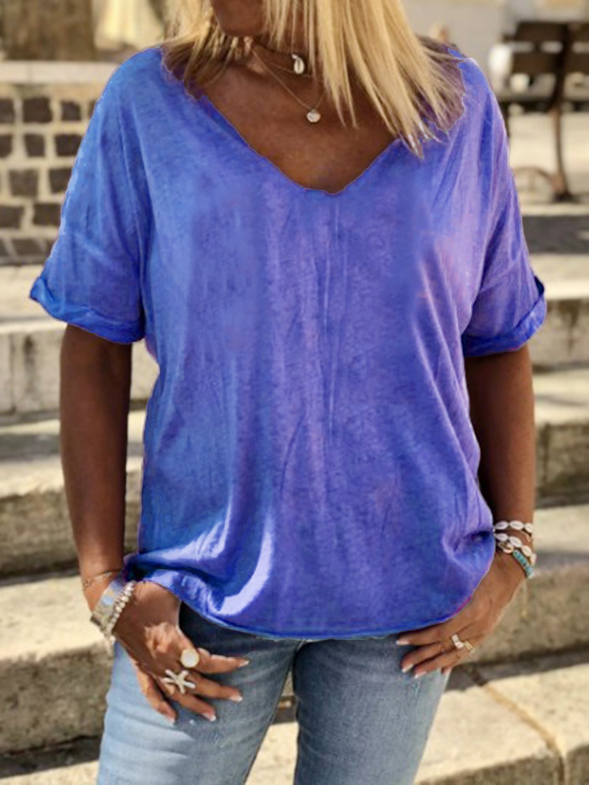 Plain Cotton-Blend V Neck Casual Shirts & Tops