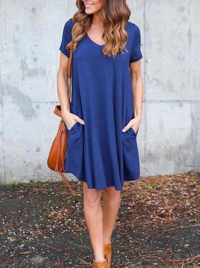 V Neck  Patch Pocket  Plain  Short Sleeve Casual Dresses