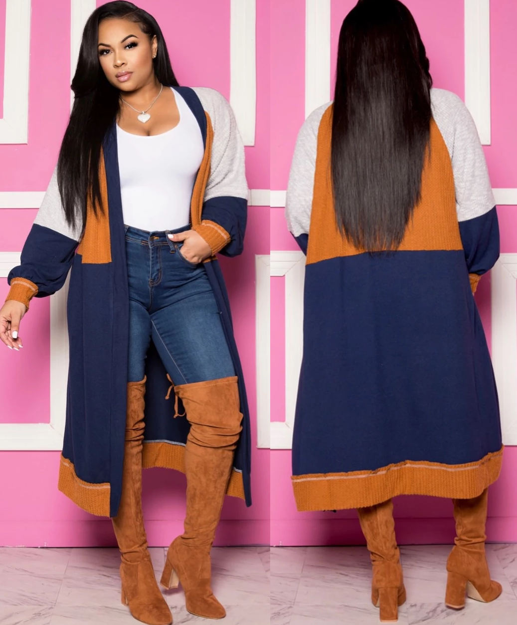 Autumn Contrast Color Long Cardigans with Full Sleeves