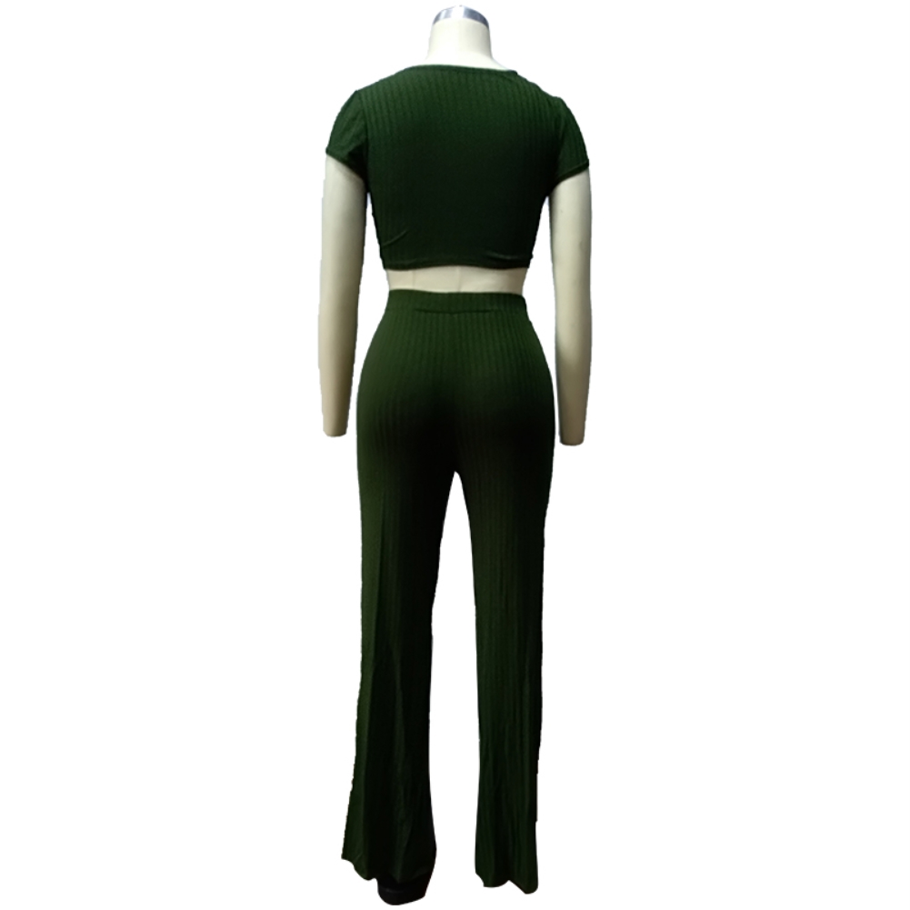 Matching 2PC Plain Knitted Crop Top and Pants Set