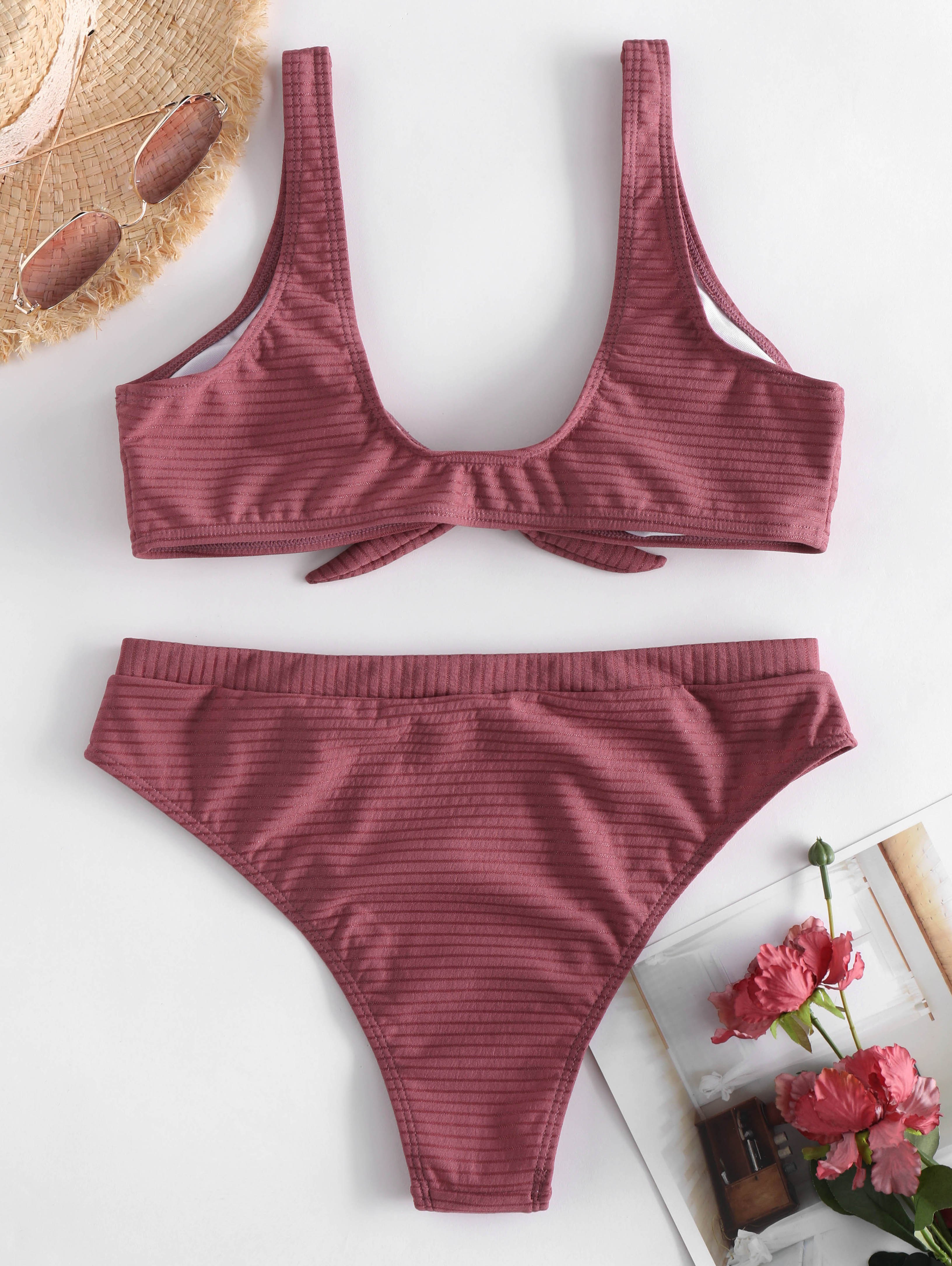 Stripe Pattern Knot Front Bikini Set