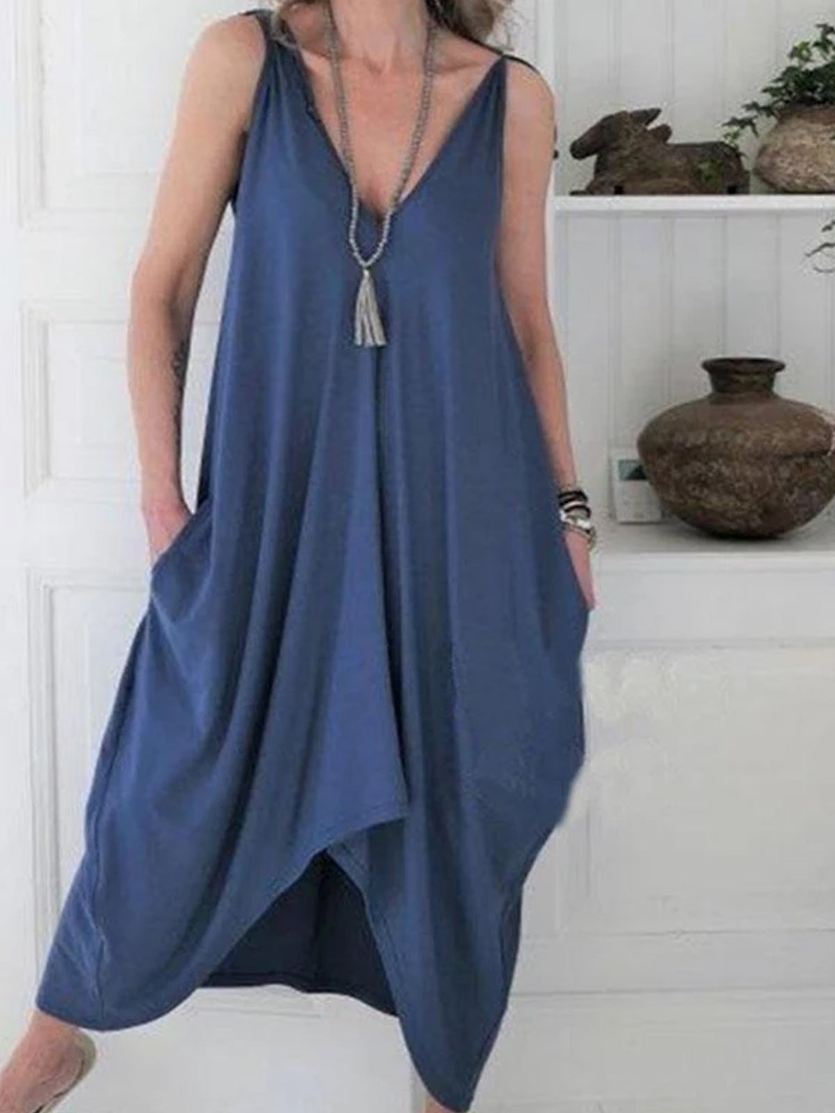 Sexy Solid Color V-Neck Irregular Dress
