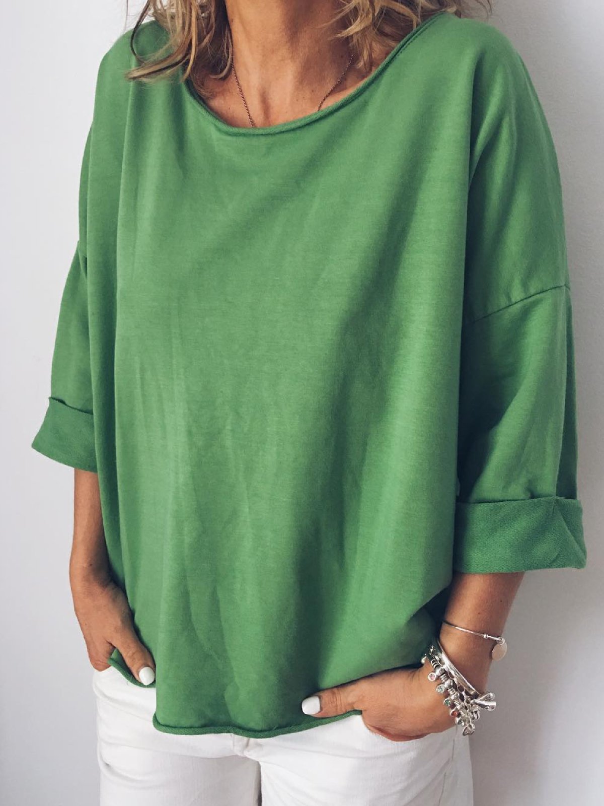 Long Sleeve Round Neck Casual Solid Shirts & Tops