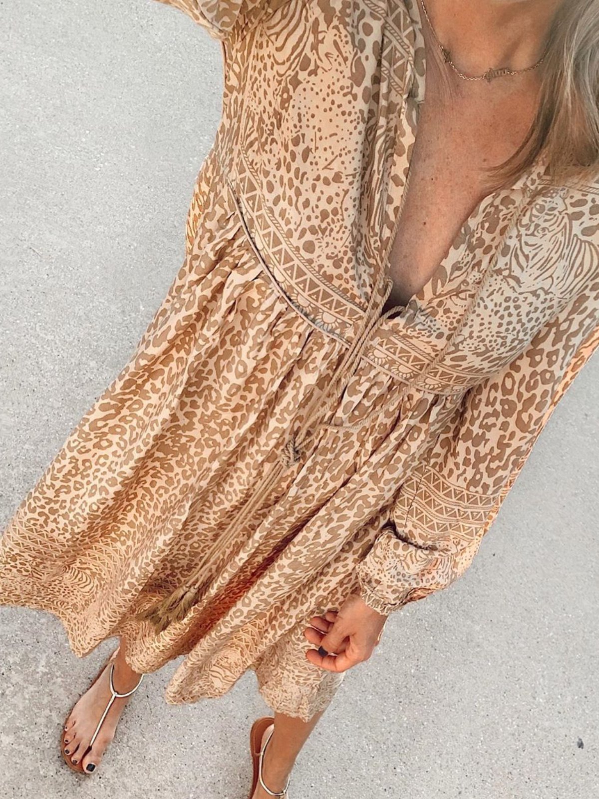 Khaki Long Sleeve Printed V Neck Dresses