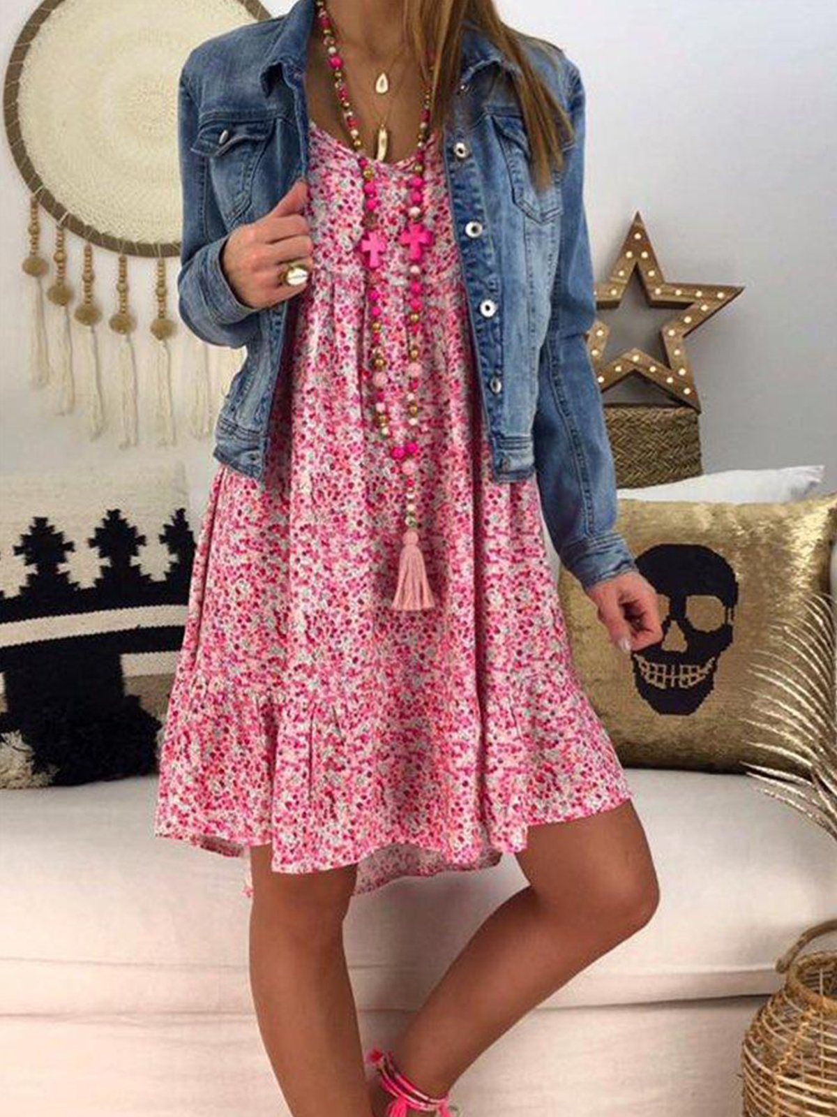 Red Floral Casual Short Sleeve Ruffled Dresses