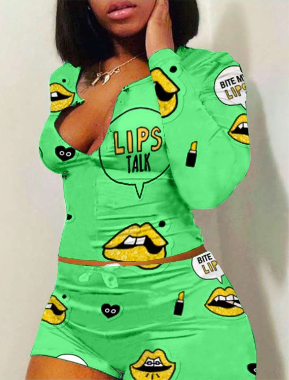 Lips Print Long Sleeve Crop Top and Shorts Set