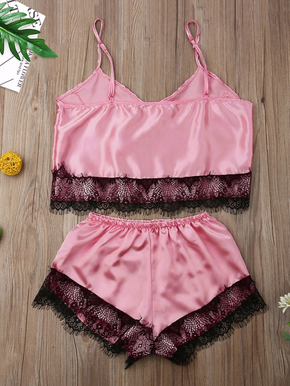 Summer Two Piece Satin Shorts Pajama Set with Lace Trims