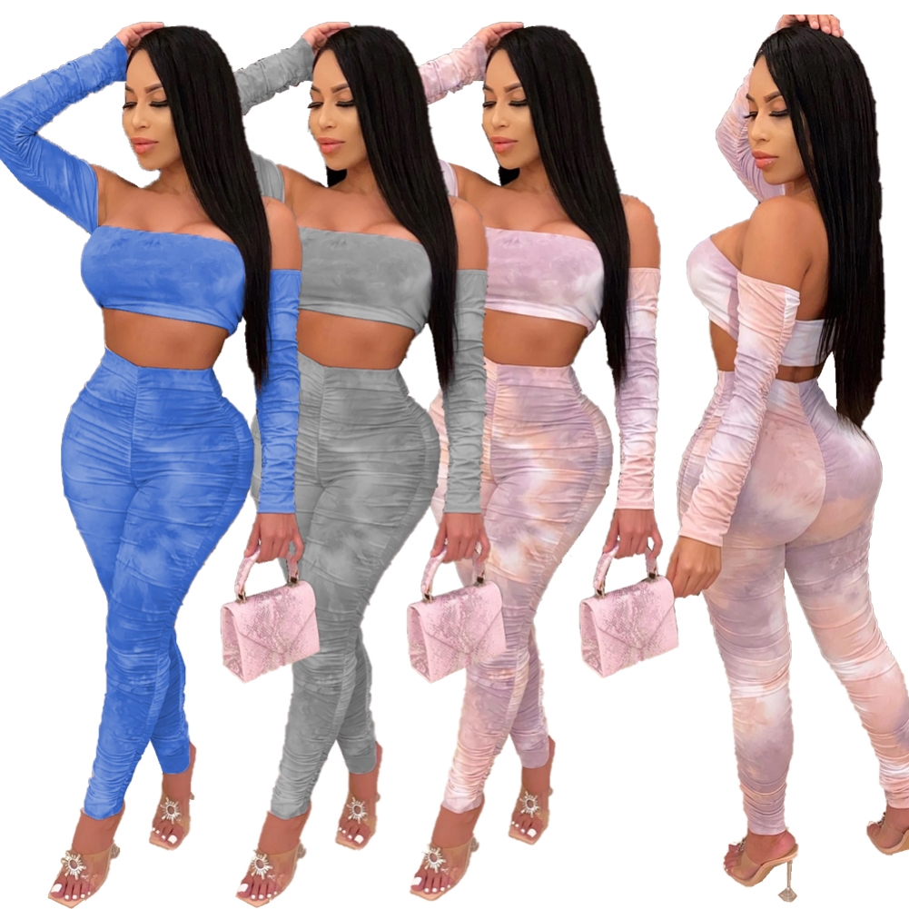 Tie Dye Sexy Crop Top and High Waist Pants Set