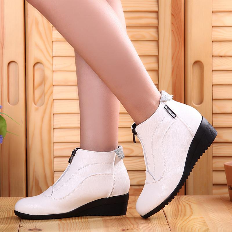 Women PU Booties Casual Comfort Zipper Low Wedge Heel Shoes