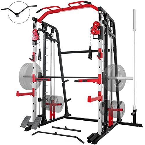 Mikolo Smith Machine, Multi-Functional Power Cage with LAT Pulldown System, Weight Cage Squat Rack with Weight Bar