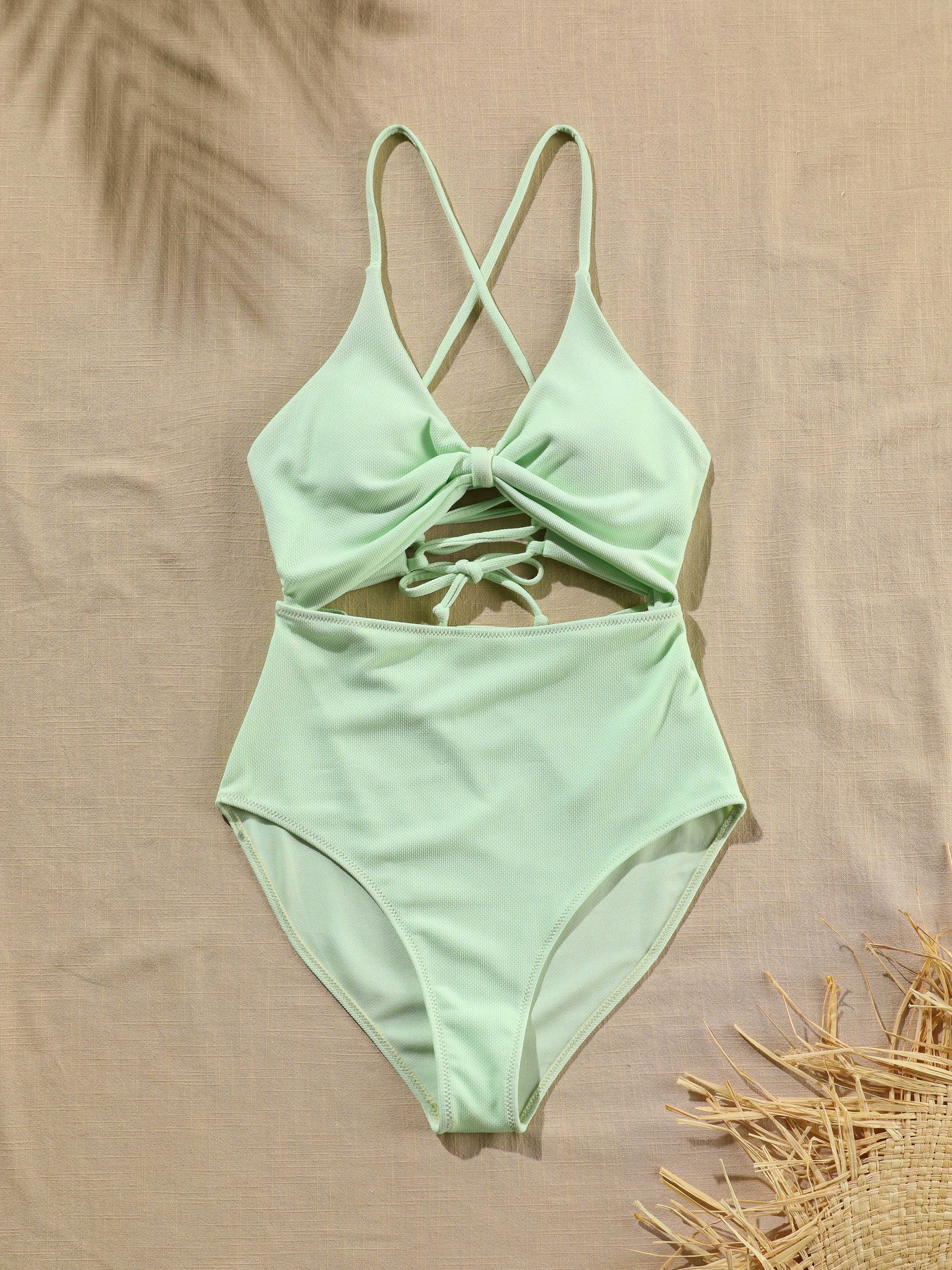 Solid Crisscross Cutout One-Piece Swimwear