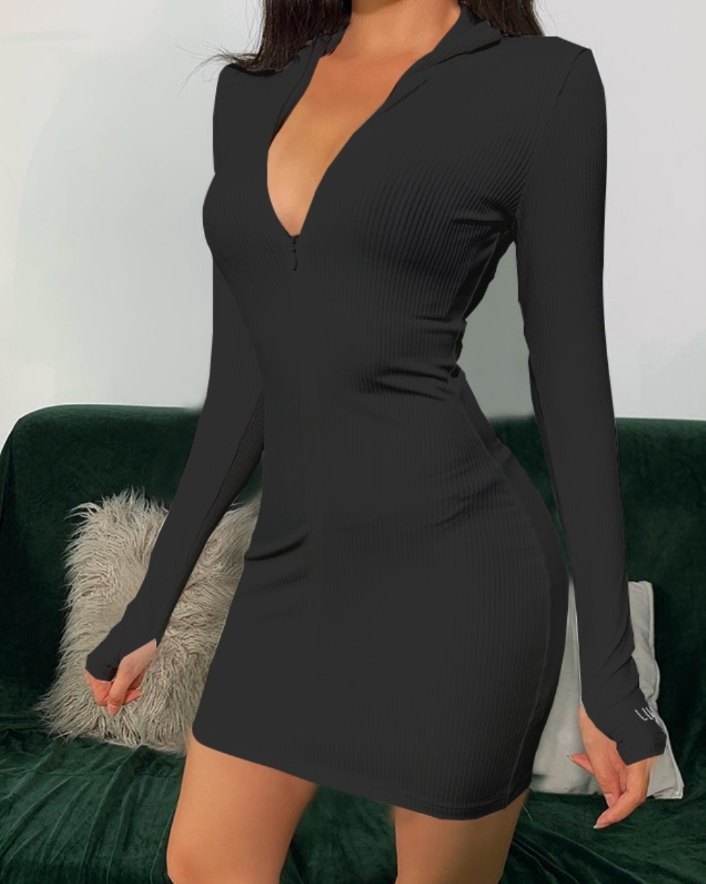 Long Sleeve Knitted Zipper Mini Dress