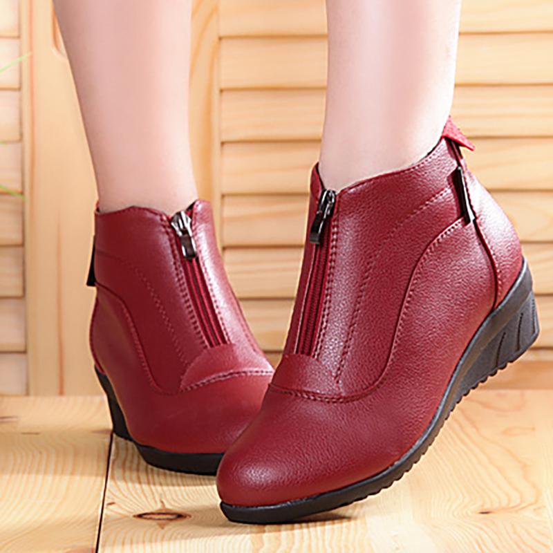 Women PU Booties Casual Comfort Zipper Low Wedge Heel Shoes