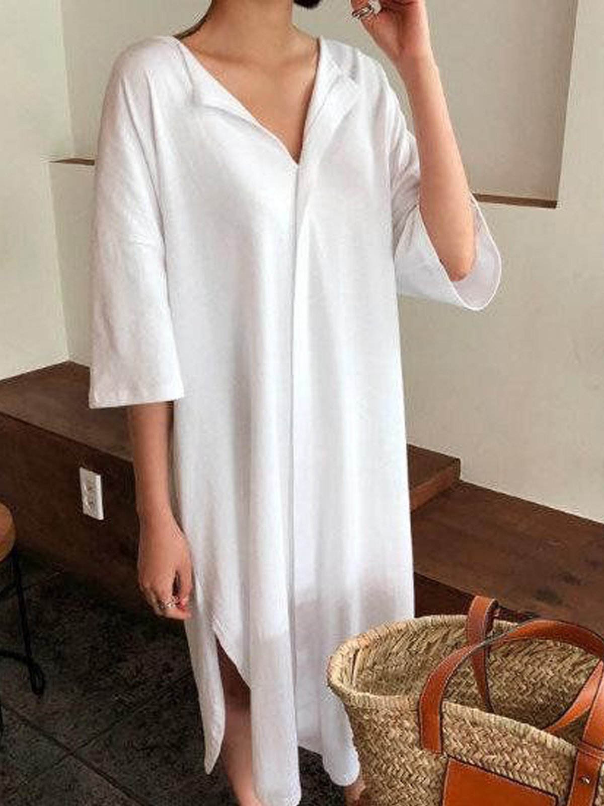 White Casual Plain Cotton Dresses