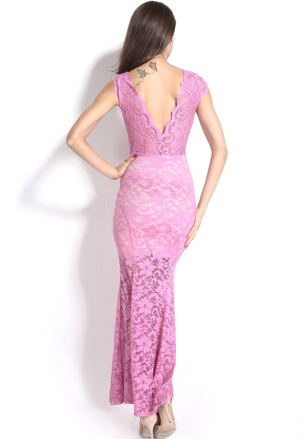Orchid Lace Nude Illusion Low Back Evening Dress