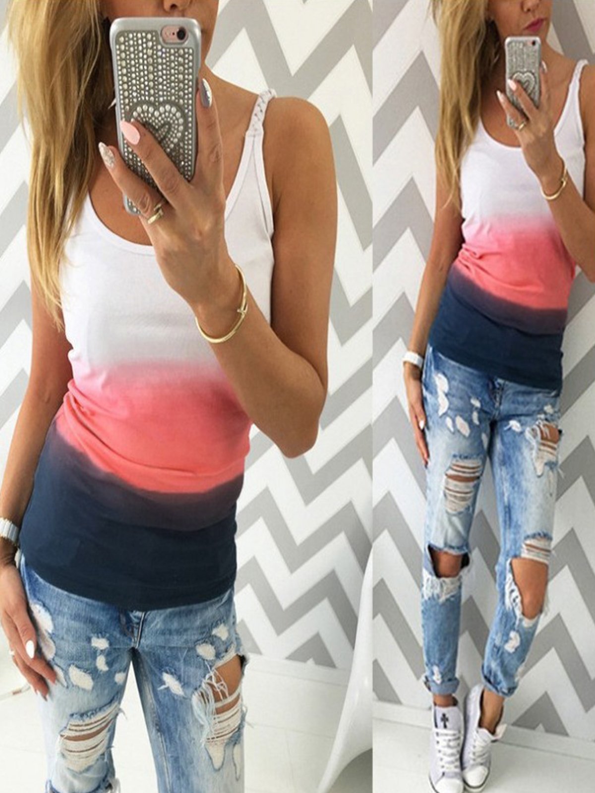 Plus Size Women Gradient Sleeveless U-neck Vintage Casual Vest Tops