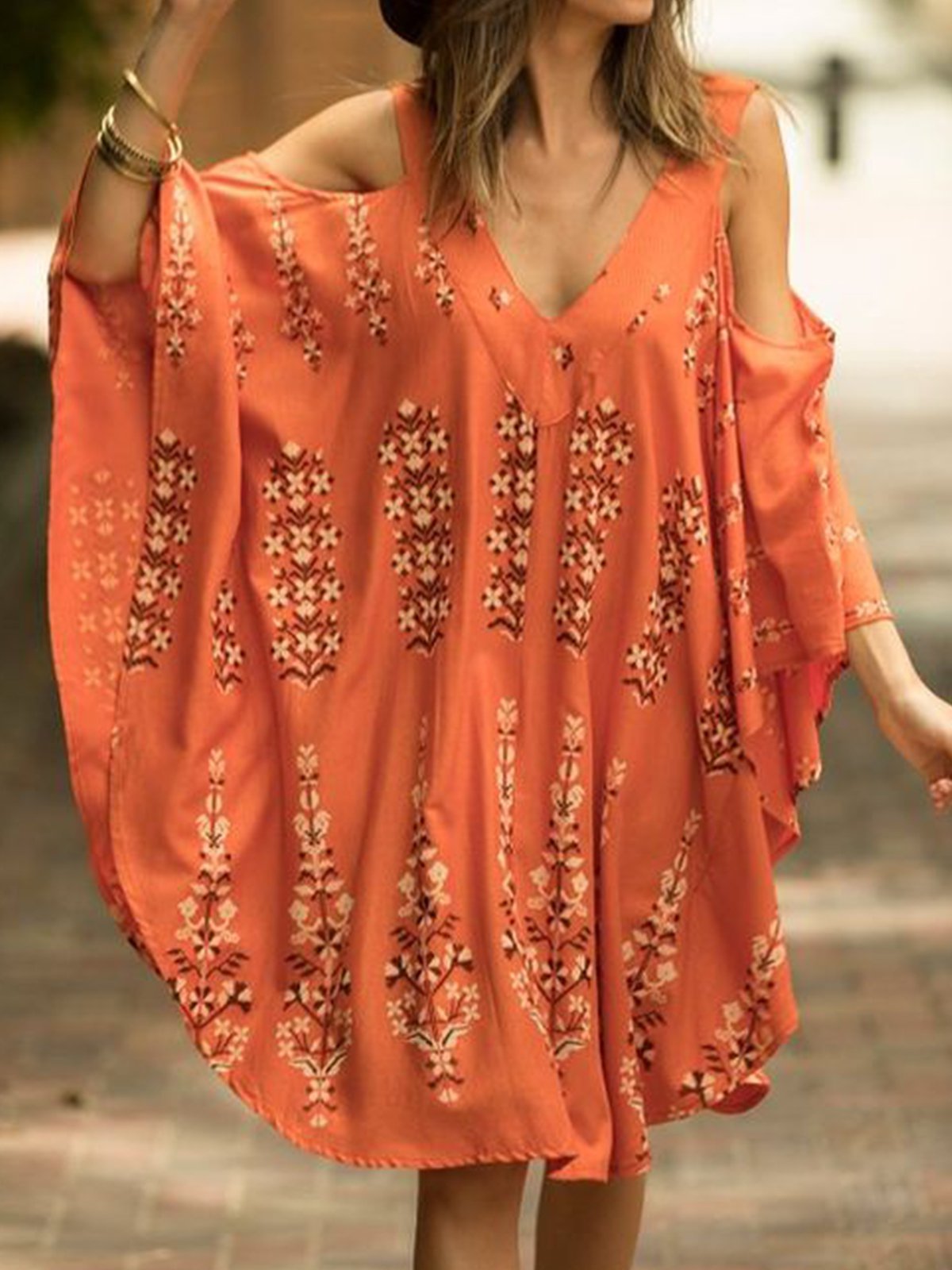 Casual Plus Size Printed Cold Shoulder Midi Dresses