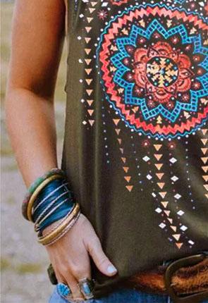 Crew Neck Sleeveless Printed Tribal Shirts & Tops