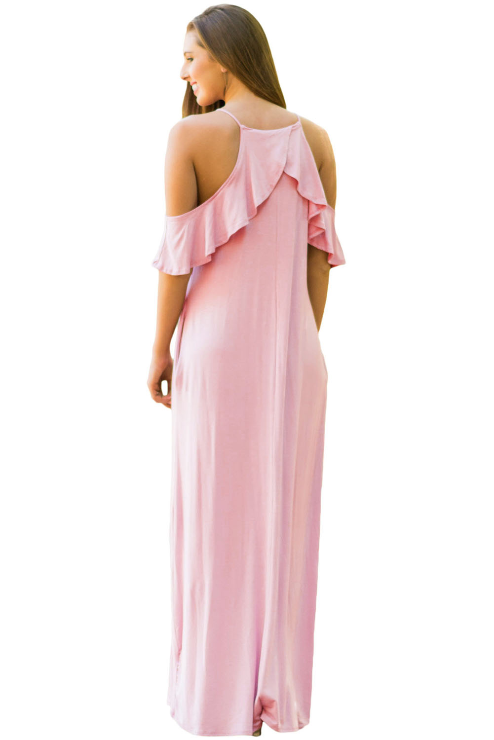 Dusty Pink Ruffle Sleeve Cold Shoulder Maxi Dress