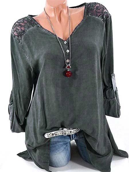 Long Sleeve Solid Basic V neck Buttoned Blouses