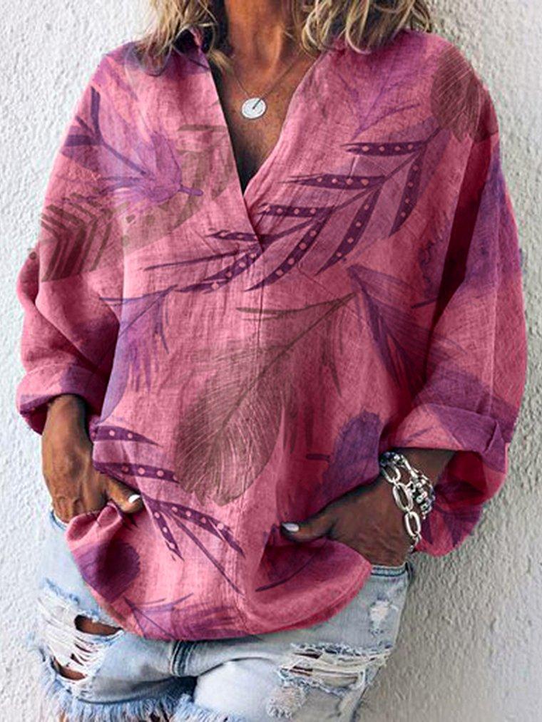 Plus Size Women Causal Tops Floral Printed Long Sleeve V Neck Shirts